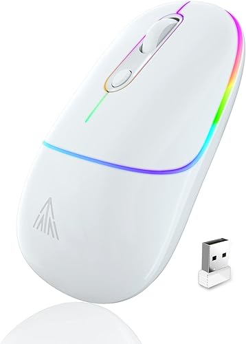 SOLAKAKA Silent - Ratón inalámbrico de 2.4 GHz, color blanco, recargable con luces RGB, receptor USB, mouse inalámbrico delgado portátil de oficina