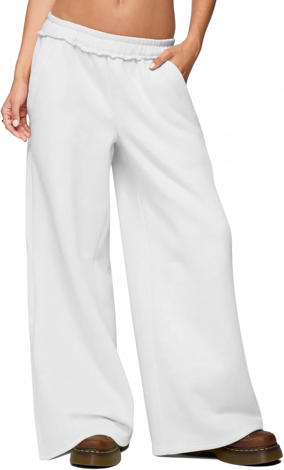 HeSaYep Womens Fleece Lined Sweatpants Wide Leg Baggy Thermal Lounge Pants Raw Hem Elastic Waist Oversized Sweat Pants