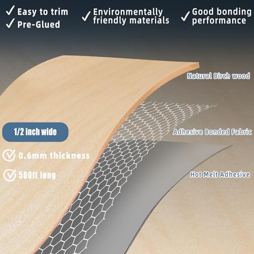 Image of Birch Edge Banding, 1 /2 inch x 500ft roll of Veneer Edge Banding, Pre-glued Flexible Real Wood Tape Banding for Cabinet Repair Furniture Restoration