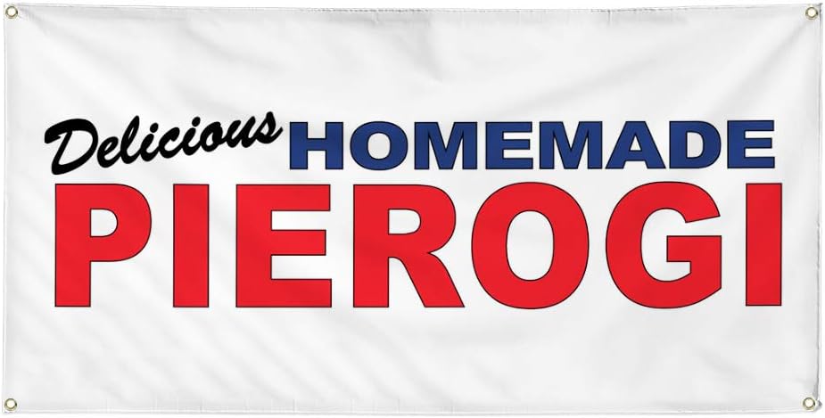 Vinyl Banner Multiple Sizes Delicious Homemade Pierogi Blue Red Food Bar Restaurant Truck Food & Beverage Asian Cuisine Outdoor Weatherproof Industrial Yard Signs 10 Grommets 60x144Inches