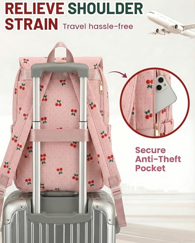 Image of Corduroy Laptop Backpack for Women, Fits 15.6 Inch Computer Bag, College Bookbag Travel Daypack Purse, Work Business Bags - Corduroy Cherry Pink