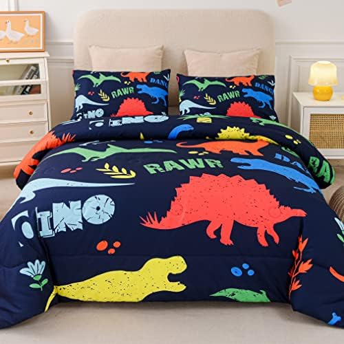 Johnalulu Cartoon Dinosaur Comforter Set with Cute Colorful Dinosaur Print - Twin Size Blue Cartoon Comforter Set 3 Pieces with 2 Pillowcases for Kids,Boys,Girls (Blue,Red,Yellow)