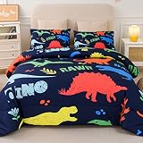 Johnalulu Cartoon Dinosaur Comforter Set with Cute Colorful Dinosaur Print - Twin Size Blue Cartoon