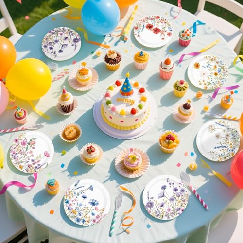 Image of 60Pcs Wildflower Paper Plates 7 inch for Wedding Birthday Party | Summer Floral Dessert Cake Paper Plates Disposable Spring Garden Flower Platters for Bridal Baby Shower Party Supplies
