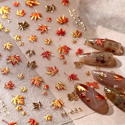 5D Golden Fall Nail Stickers Autumn Maple Leaf Nail Decals for DIY Nail