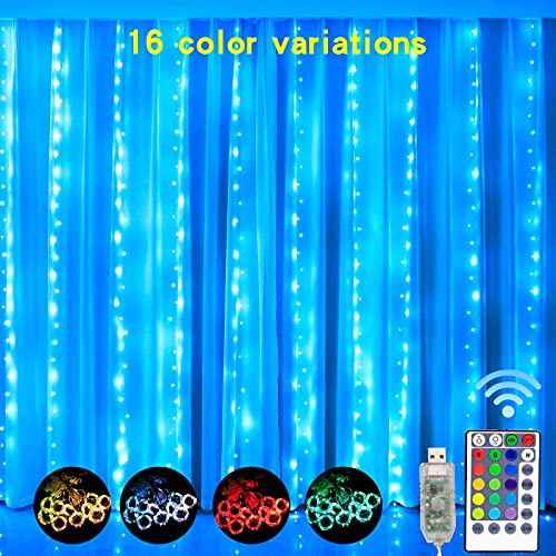 Curtain String Lights 16 Colors Changing Fairy Lights 300 LED 9.8 X 8.8 Ft Twinkle String Light USB Powered with Remote for Bedroom, Wedding Party, Garden, Indoor Outdoor Wall Decorations