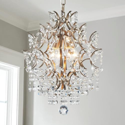 SHRINE LIGHTING Kristall-Kronleuchter, Modernes Design, Perfekte Pendelleuchte für Wohnraum, D33 x H40cm, E14-Basis 4-Lichter, Verstellbare Ketten 59\", Messing-Finish SHRINE LIGHTING Kristall-Kronleuchter, Modernes Design, Perfekte Pendelleuchte für Wohnraum, D33 x H40cm, E14-Basis 4-Lichter, Verstellbare Ketten 59\", Messing-Finish