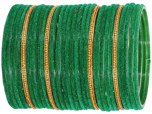 Image of NMII Glass Bangles For Women and Girls with Velvet and Golden Ballchain Linked | Plain Glass Bangles | Velvet Chudi Set | Bangles For Women | Stylish Glass Chudi Bangles- Set of 28