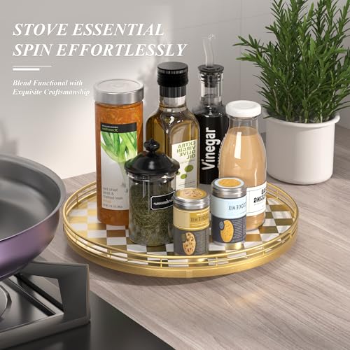 Image of Premium Rubber Wood Lazy Susan Turntable, Gold White Checkerboard Decorative Serving Tray, Hand-Welded Metal Railing, Stable Rotating Organizer for Dining Table, Kitchen Counter, Coffee Table Decor