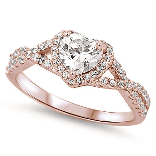 Sterling Silver Heart Halo Simulated Gemstone Promise Ring (Rose Gold Plated Cubic Zirconia, 7)