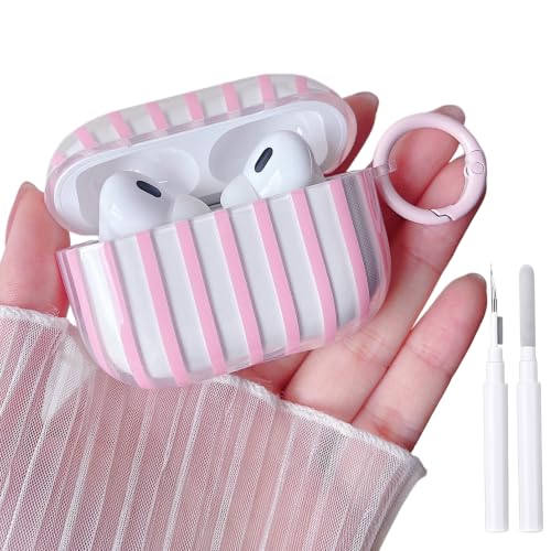 Image of MINSCOSE for AirPods Pro 2nd /1st Generation Case,Cute Striped Aesthetic Pattern Design with Trendy Keychain Ring,Soft TPU Protective Shockproof Cover with Cleaner Kit for Airpods Pro /Pro 2-Clear Pink
