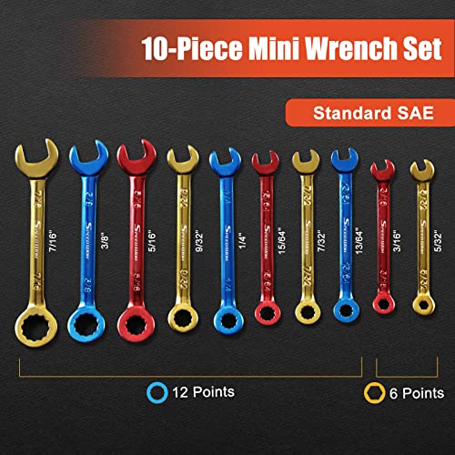 Speedwox 10 Pcs Mini Combination Wrench Set Metric & Sae Color Plated Open And Box End Mini Wrenches Color Coated Midget Wrench Set With Portable Pouch And Large Ring（4-11Mm(5/32-7/16"） #TOP1