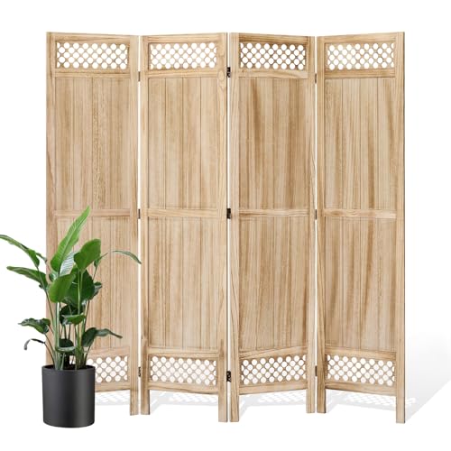 Privacy Screen Room Divider Panel - 67 Inch Tall Natural Wood Folding Partition Room Dividers, No-Assembly Required, Enhance Privacy and Aesthetic Appeal, Ideal for Home or Office Natural 4 Paned