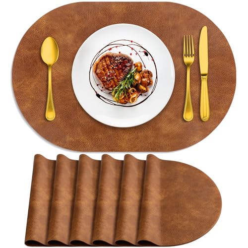ADRIMER Placemats, Heat Resistant Oval Placemats Set of 6 Washable 12 x 17 Inch, Waterproof Table Mats, Wipeable Pu Place Mats for Kitchen, Dining Room, Turmeric Brown