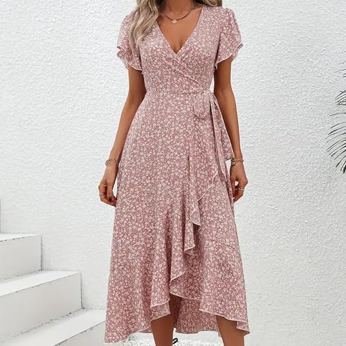 Image of Summer Dresses V Neck Short Sleeve Floral Midi Dress with Tie Waist Ruffled Boho Casual Dress for Beach Vacation