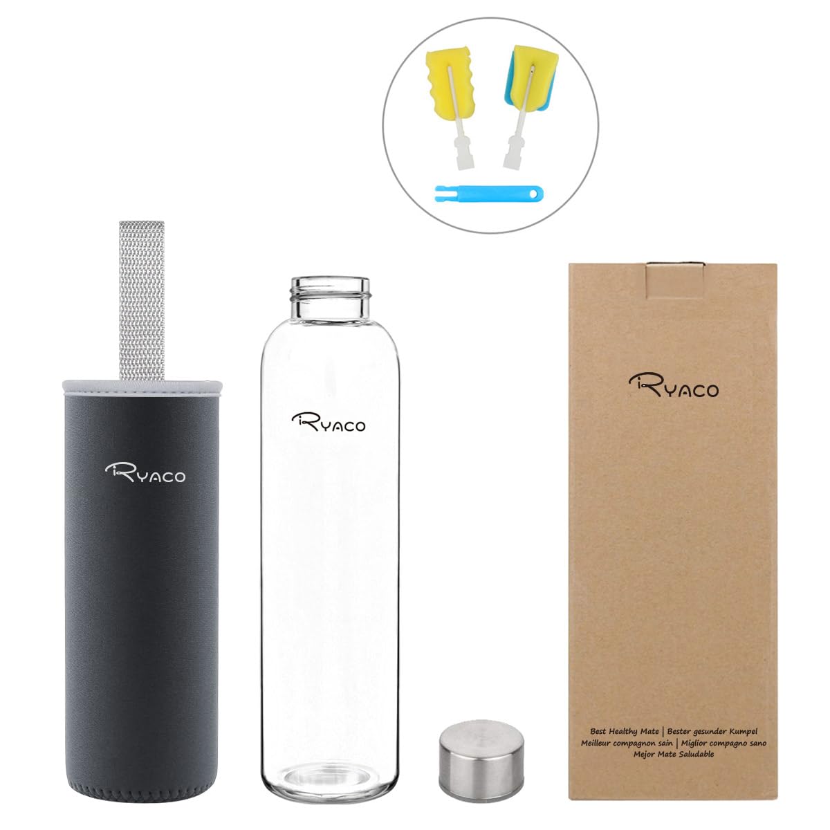 Ryaco Szklana butelka 750 ml/25 uncji, butelka ze szkła borokrzemowego z ochronnym pokrywą na gorące i zimne napoje, bez BPA, z szczotką z gąbki