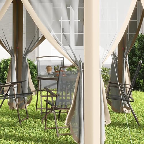 Outsunny 3 x 4m Garden Gazebo Hexagon Pop Up Gazebo Party Tent Canopy Double Roof Instant Shelter with Netting and Carry Bag for Outdoor Patio, Khaki - Image 8