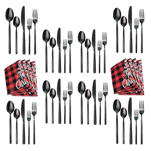 Set di posate da 48 pezzi, design in pietra, nero titanizzato, acciaio inossidabile, coltelli, forchette, cucchiai (set da 40 pezzi + 8 tappetini)