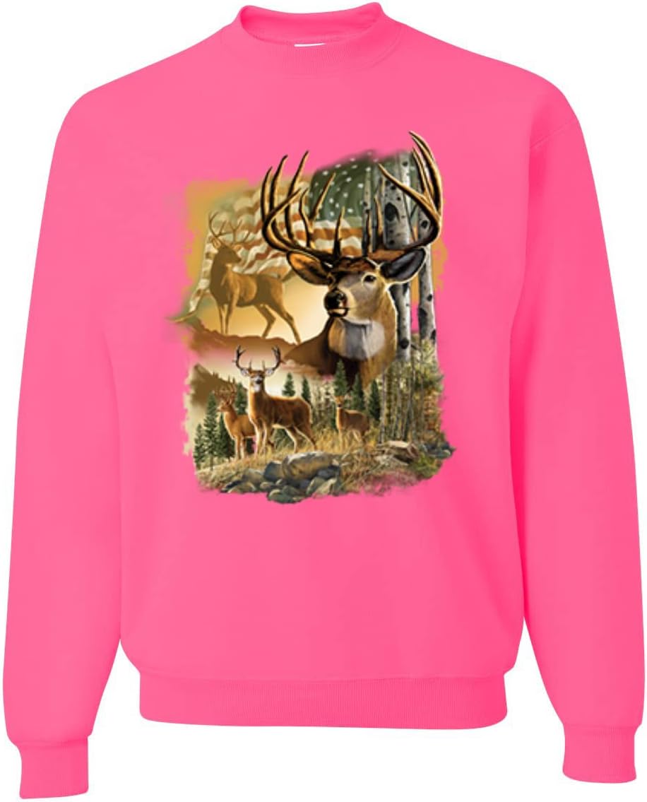 Wild Bobby Deers in Mountains Patriotic American Flag Hunting Animal Lover Unisex Crewneck Graphic Sweatshirt
