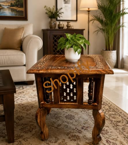 Image of Shopify Wooden Stool-Natural Wood Antique Look Side Table with Drawer for Living Room (Brown, 14 x 14 x 21 inch) (Side Table)