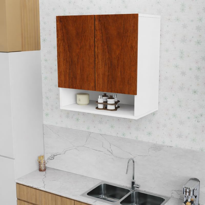 Image of 2 Door Multipurpose Wall Mounted Cabinet with Adjustable & Fixed Shelf | Storage for Kitchen, Bathroom, Office & Living Room | Assembly-DIY | Color-White & Cherry Pine | Size-60x33x63.8 Cm