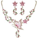 EleQueen Women's Austrian Crystal Butterfly Flower Leaf Necklace Earrings Set Gold-Tone Pink