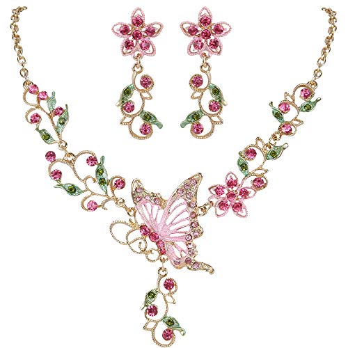 EleQueen Women's Austrian Crystal Butterfly Flower Leaf Necklace Earrings Set