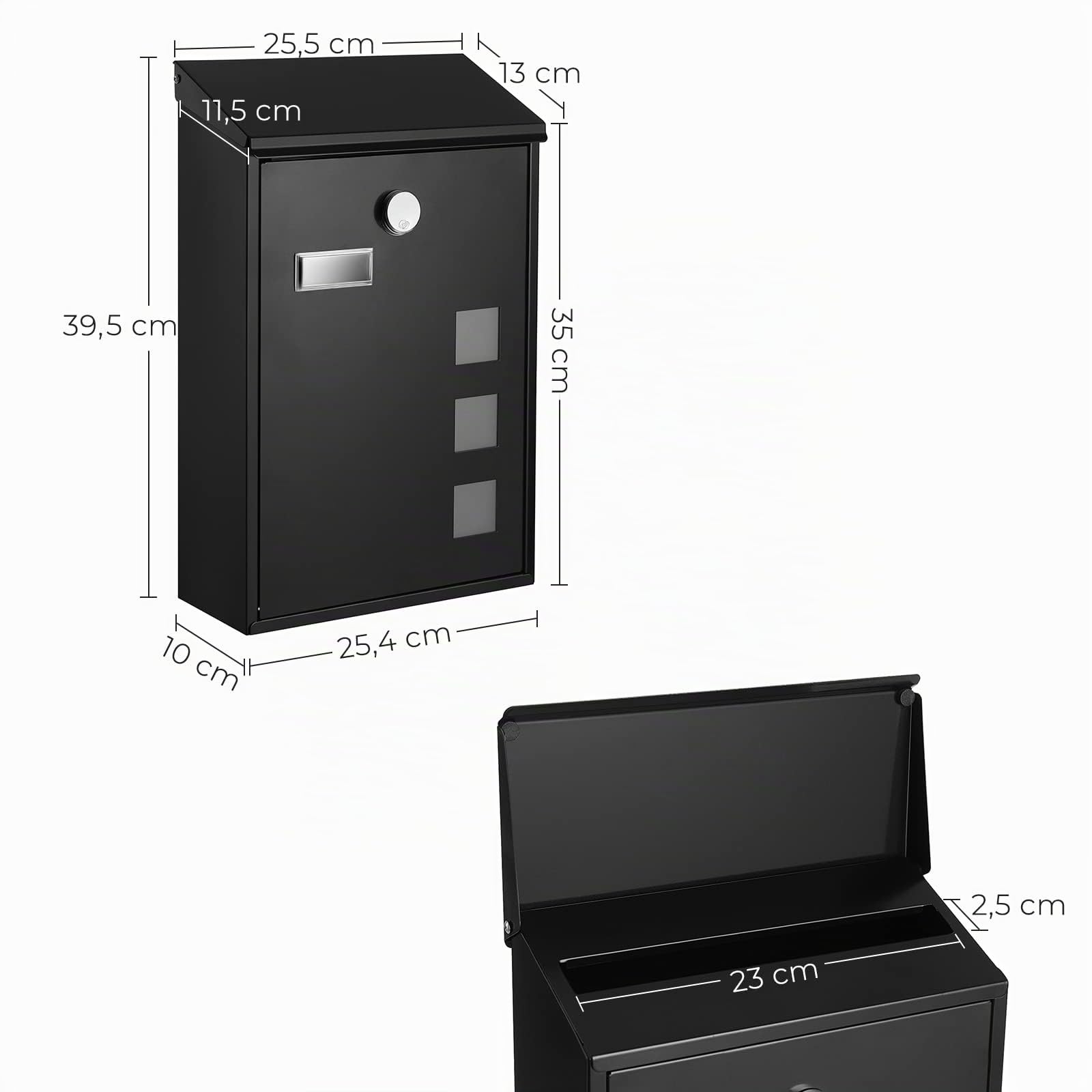 SONGMICS - Buzón de Pared Moderno, con Ventanas de visualización, Placa de identificación, Cerradura con núcleo de Cobre, fácil de Instalar, Negro GMB031B02