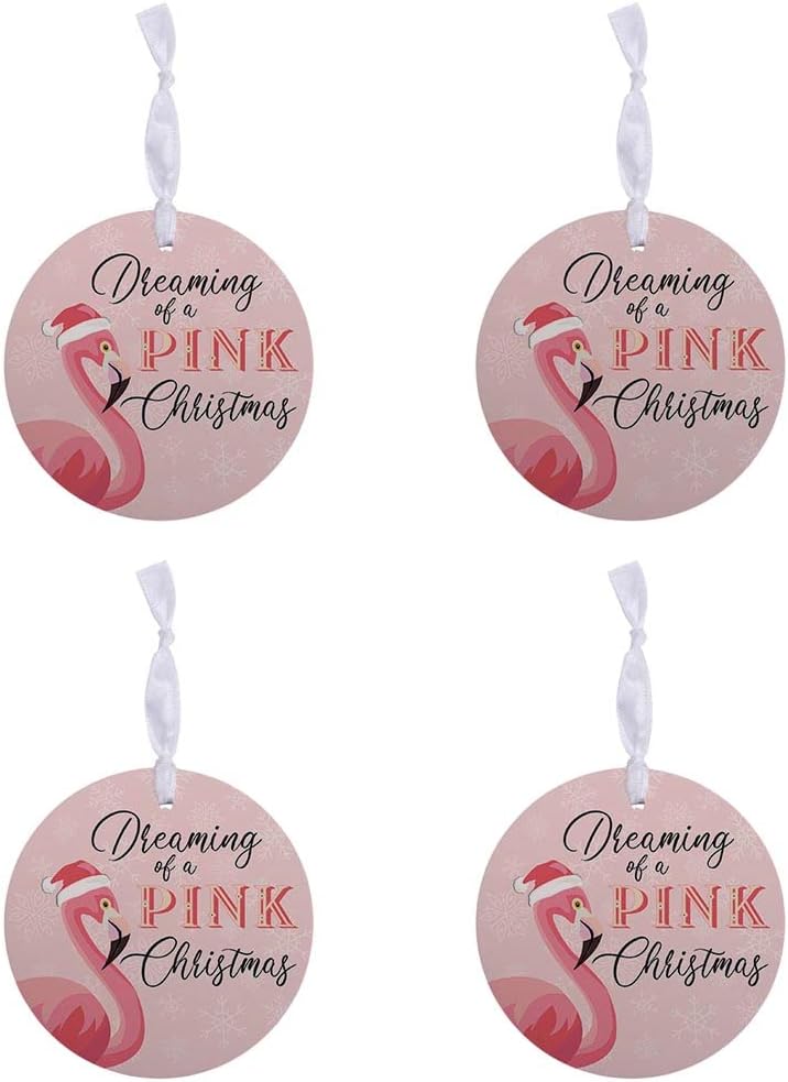 Dreaming of A Pink Christmas Pink Flamingo 4 inch MDF Wood Christmas Ornaments Set of 4