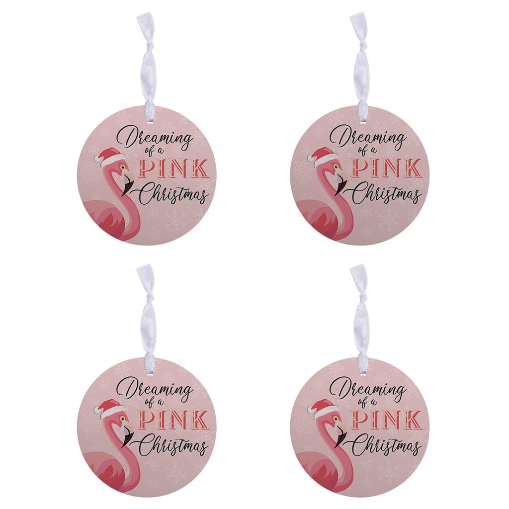 Dreaming of A Pink Christmas Pink Flamingo 4 inch MDF Wood Christmas Ornaments Set of 4
