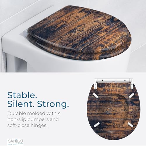 Image of Sanilo Wooden Toilet Seat with Quick Release & Soft Close [ROUND] - Decorative & Slow Close Molded Wood Seat - With One Click for Easy Installation & Cleaning - With Adjustable Fit (Vintage)
