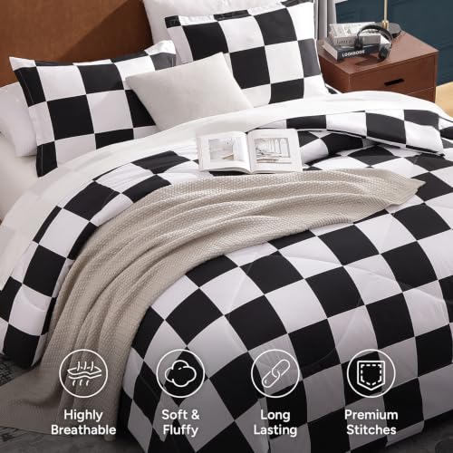 Image of Andency Checkered Comforter Queen(90x90Inch), Black White Plaid Gingham Bed Set for Teen Boys Kids, Lightweight Polyester Geometric Preppy Bedding, 3 Pieces