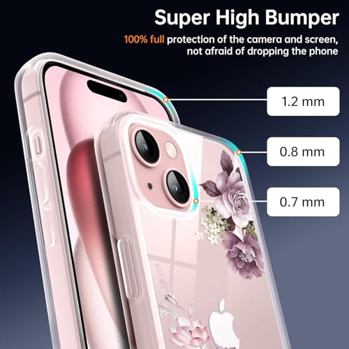 Image of Elzzi Clear Transparent Flower Cover for iPhone 13 Case Shockproof PC+TPU Back Cover with Full Camera Protection Non Slippery - Deep Purple