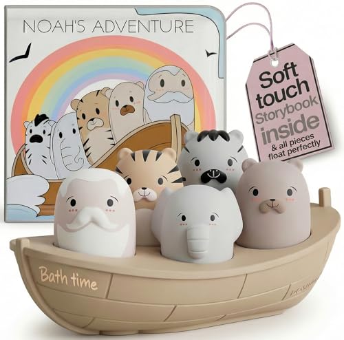 Noahs Ark Silicone Floating Bath Toy Set for Toddlers 18M+ Includes 7 Pieces Boat Animals and Waterproof Bible Storybook Educational Sensory Learning Nordic Color Design Montessori Faith Play