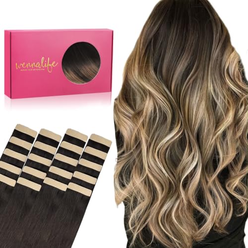 WENNALIFE Tape in Hair Extensions Human Hair, 20pcs 50g 18 Inch Dark Brown to Chestnut Brown and Dirty Blonde Highlighted Remy Straight Skin Weft - 28-Curve