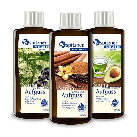 Juego de esencias para saunas de Spitzner en la caja de regalo Gourmet y Sibarita: Vainilla-Canela, Saúco-Casis y Té verde-Aguacate (3 x 190 ml)