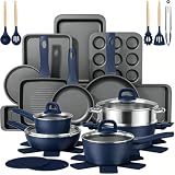 Pots and Pans Set Nonstick, Umite Chef Kitchen Non Stick Induction Cookware & Bakeware Set - 31 PCS Cooking Pans Set with Frying Pans & Utensil, Sturdy & Easy to Clean & PFOA Free (Navy Blue)