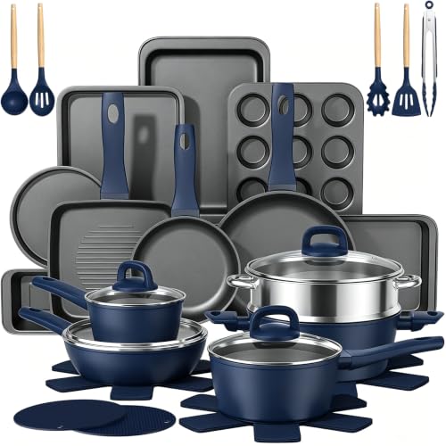 Pots and Pans Set Nonstick Umite Chef Kitchen Non Stick Induction Cookware & Bakeware Set - 31 PCS Cooking Pans Set with Frying Pans & Utensil Sturdy & Easy to Clean & PFOA Free (Navy Blue)