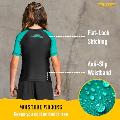 Image of Elite Sports Kids Jiu Jitsu BJJ Rash Guard, Short Half Sleeve Compression Shirt for Youth Boys Girls Sports Nogi Training