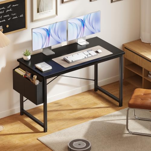 Image of OLIXIS Computer Desk, 47 Inch Gaming Desks for Home Office Small Spaces | Writing Study Craft Work Table, Computer Workstation for Bedroom with Storage Bag, Black