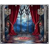 YCUCUEI 10x8ft Fabric Halloween Vampire Medieval Castle Backdrop Gothic Window Red Curtain Bats Photography Background Haunted House Party Decor Photo Props