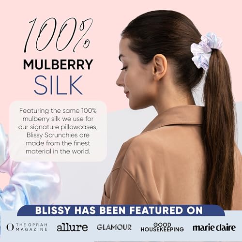 Image of Blissy Silk Scrunchies (3 Pack) - 100% Pure Mulberry Silk - 22 Momme 6A High-Grade Fibers Scrunchie for Straight & Curly Hair - Preventing Breakage, Tangling, & Creasing (Tie Dye Skinny)