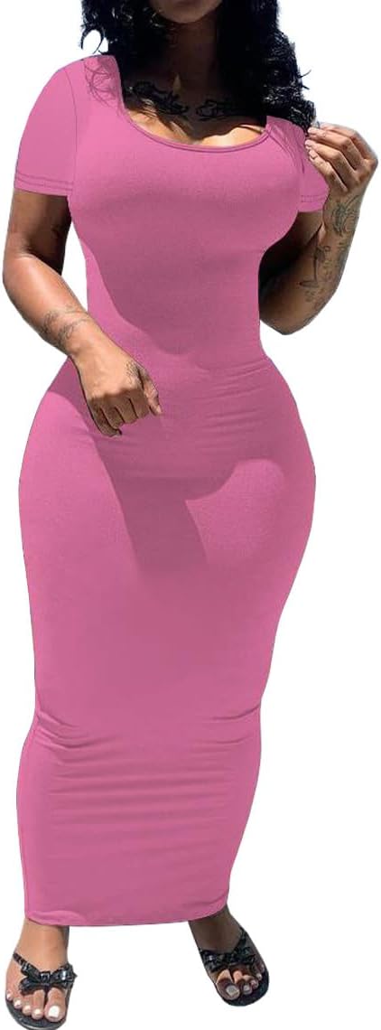 PINSV Women's Casual Bodycon Maxi Dress Summer Scoop Neck Short Sleeve Long Fitted Dresses Club Party