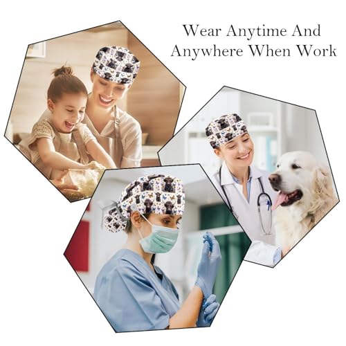Image of 2 PCS Bouffant Cap with Button Ponytail Pouch Working Cap Sweatband Adjustable Surgical Cap Black and White Cow