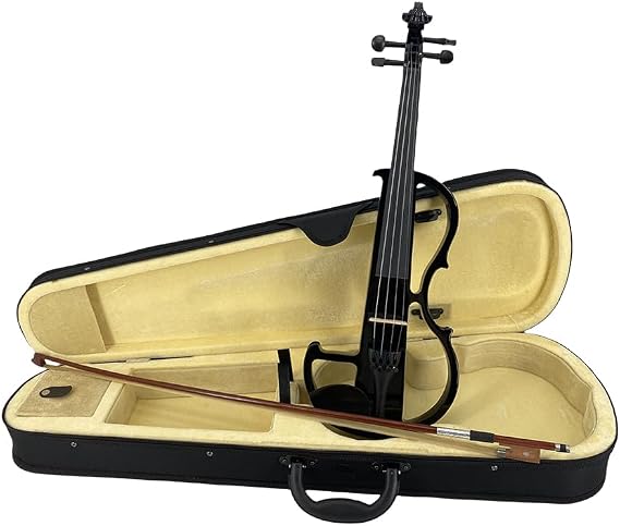 Electric Violin 4/4 Full Size Silent Violin Kit, Solid Wood Body, Ebony Fittings, Complete Outfit with Hard Case, Bow, Shoulder Rest, Strings,Cleaning Cloth and Jack Cable (Black)