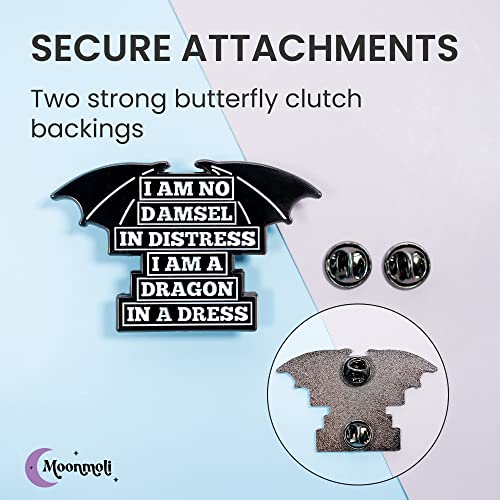 Moonmoli I Am No Damsel In Distress I Am A Dragon In A Dress Feminist Pins With 2 Secure Butterfly Clutch Pins - Female Empowerment Enamel Pins For Backpacks, Hats, Lapels, Bags Or Jackets - 1.5" Tall #TOP3