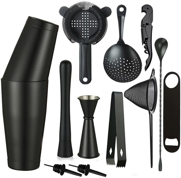 Cocktail Shaker Set - 13-Piece Bar Accessories Kit w/Weighted Boston Shaker, Strainer, Jigger, Muddler,Mixing Spoon and More - Home Bartending Tools, Accessories for Bartender, Matte Black