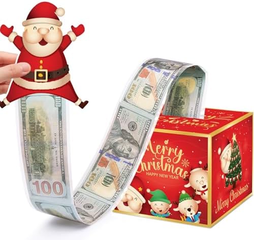 Christmas Money Box for Cash Gift Pull, Surprise Money Holder Cash Gift for Kids Adults, DIY Fun Holiday Cash Box for Women Men Girls Boys Mom Dad Friends, Include 100Pcs Transparent Bags