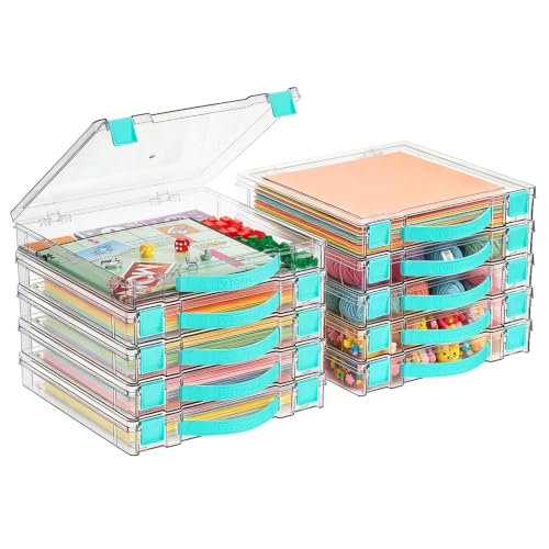 Image of Vtopmart 10 Pack Board Game Storage with Handle and Snap-Tight Latch Lid | Clear Craft Organizer Fit 12 inch x 12 inch Papers, Stackable Storage Box for Scrapbook Storage, Art Supply Storage, Puzzle Storage