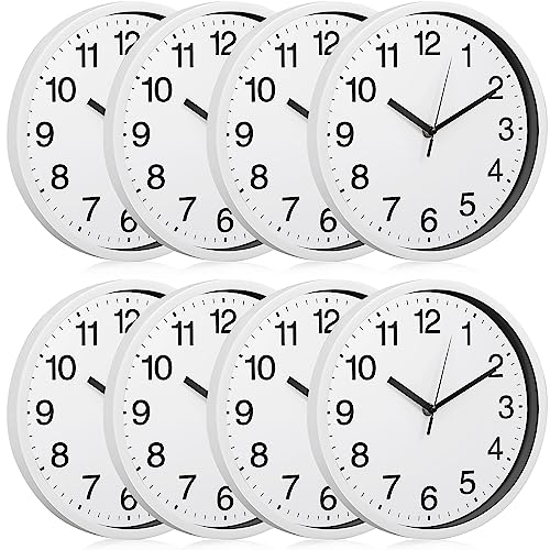 Inbagi 8 Pcs Wall Clock Large Silent Battery Operated Wall Clocks Modern Non Ticking Wall Clocks Bulk Decorative for Kitchen Office Living Room Home Bathroom Bedroom Classroom(White,10 Inch)